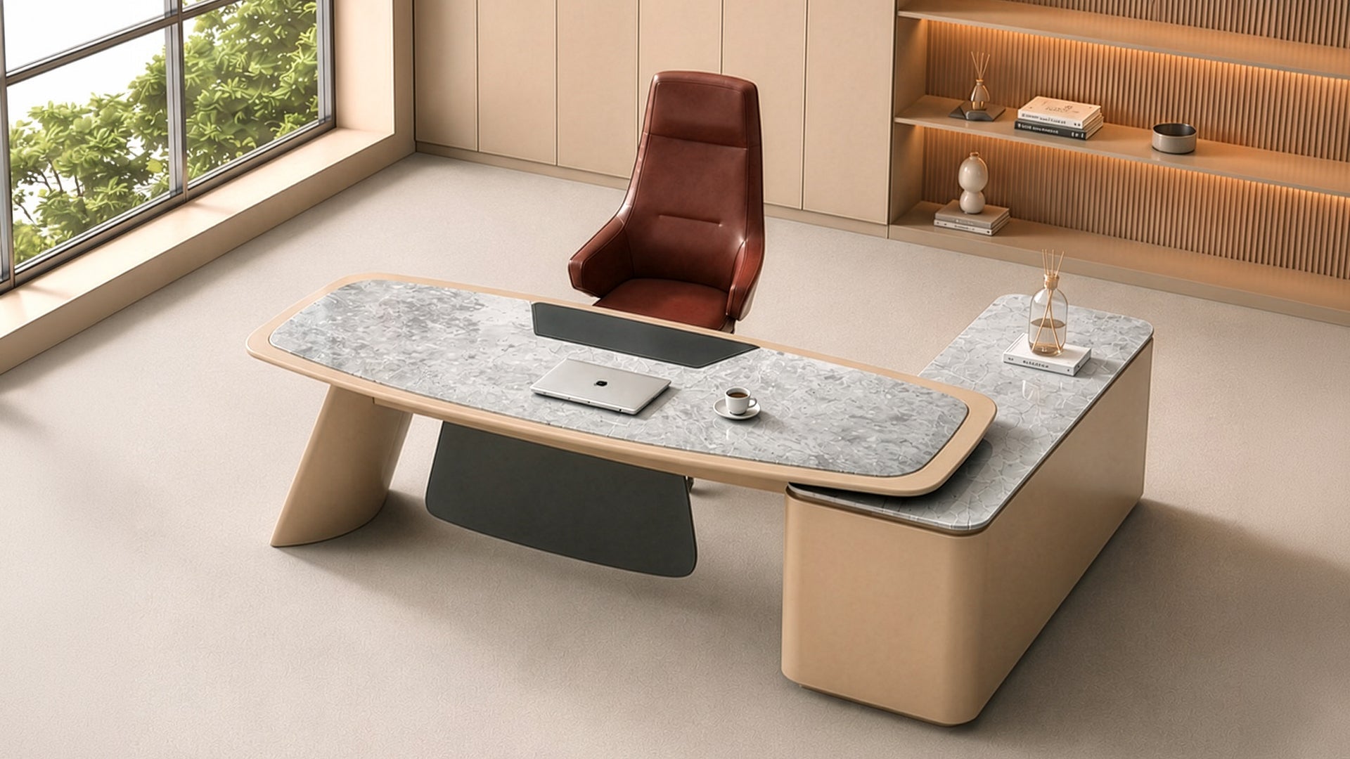 Meja direktur premium dengan desain modern, permukaan marmer abu-abu, aksen beige, dan kursi kantor kulit cokelat dalam ruang kerja eksekutif yang elegan.